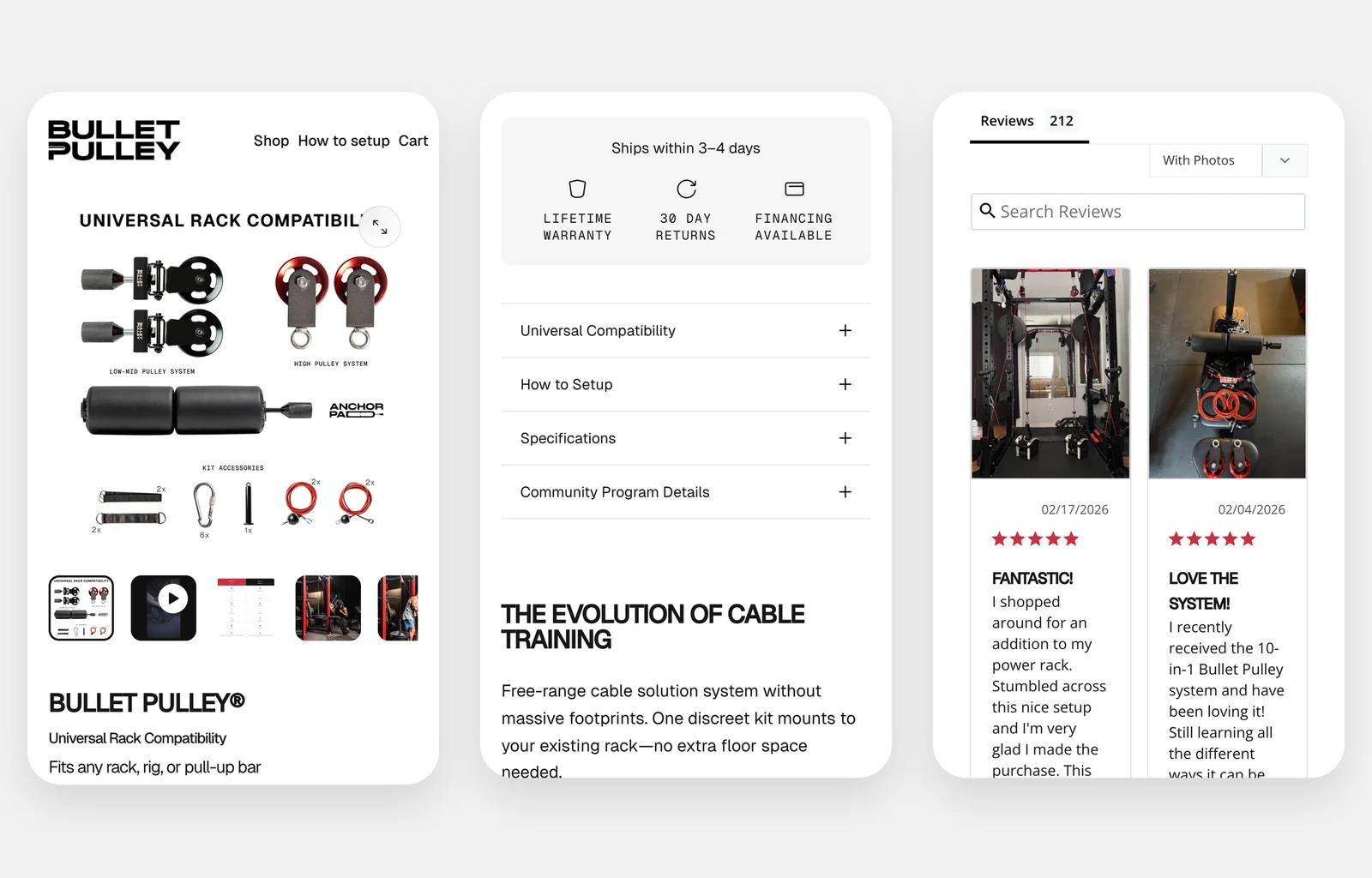 Bullet Pulley’s product page today on a phone: the kit, fits any rack, the answers, and the reviews