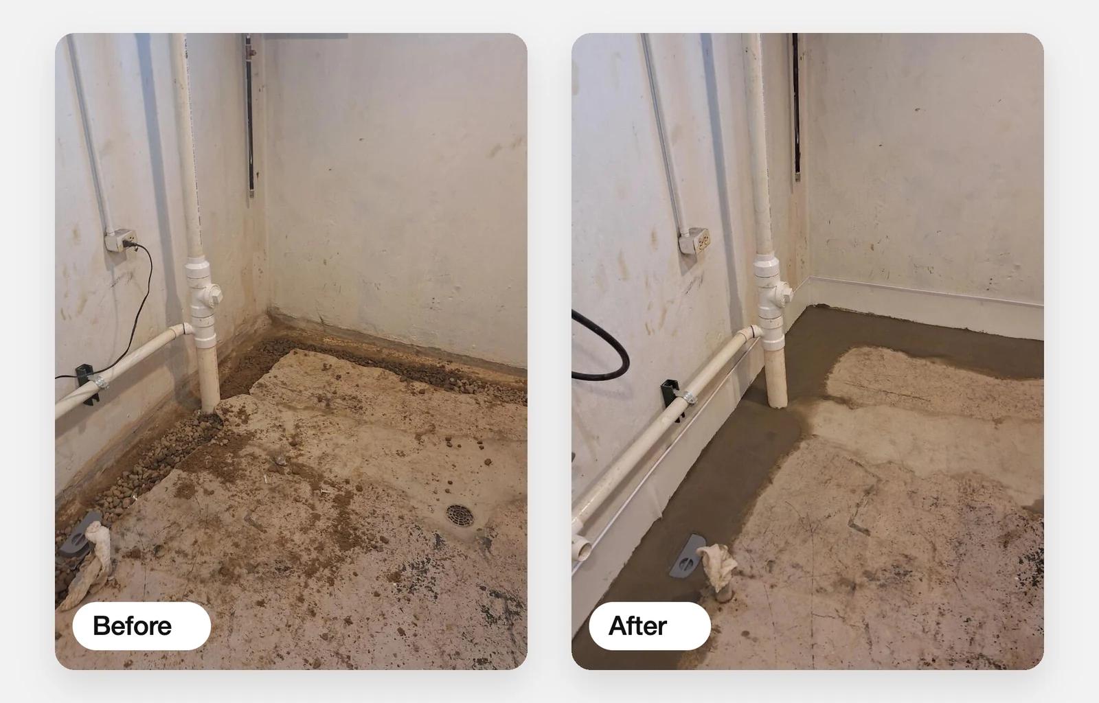 Homespec’s own photos of a basement in Saint Clair Shores, Michigan, July 2024: before, and after waterproofing and concrete repair