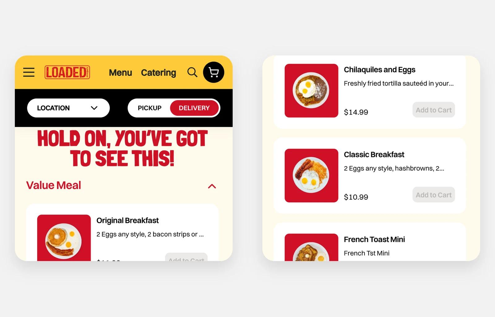 Loaded Cafe’s new menu on a phone: every dish with its price and Add to cart