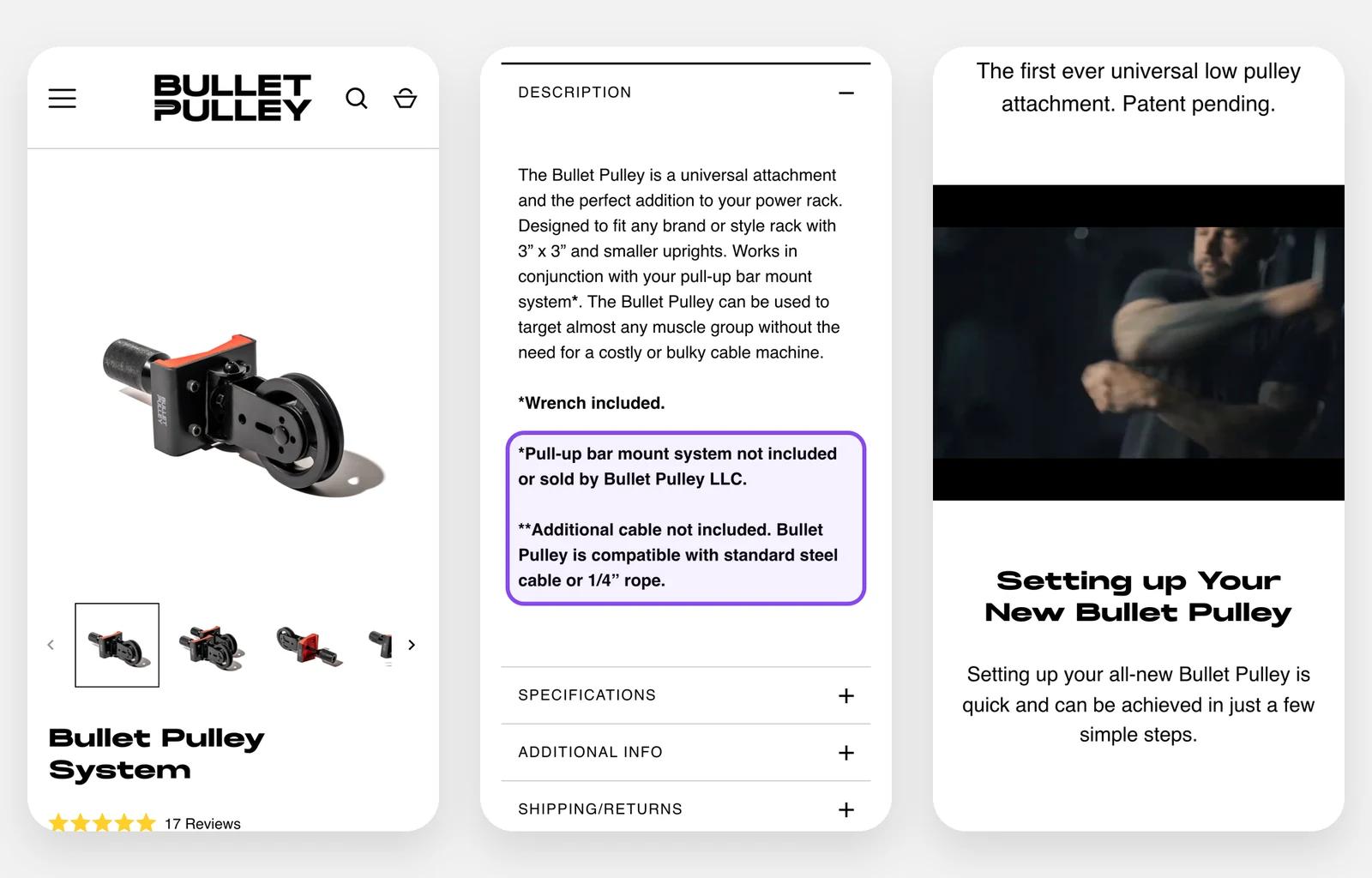 Bullet Pulley’s old product page on a phone, three screens down: the pulley alone, small print saying the mount and cable aren’t included, then setup videos