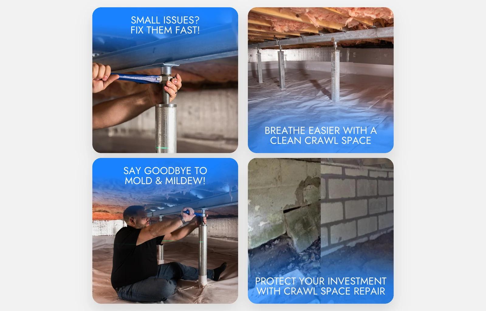 Four Homespec Meta ads for crawl space repair: protect your investment, small issues fixed fast, breathe easier, keep your crawl space in shape
