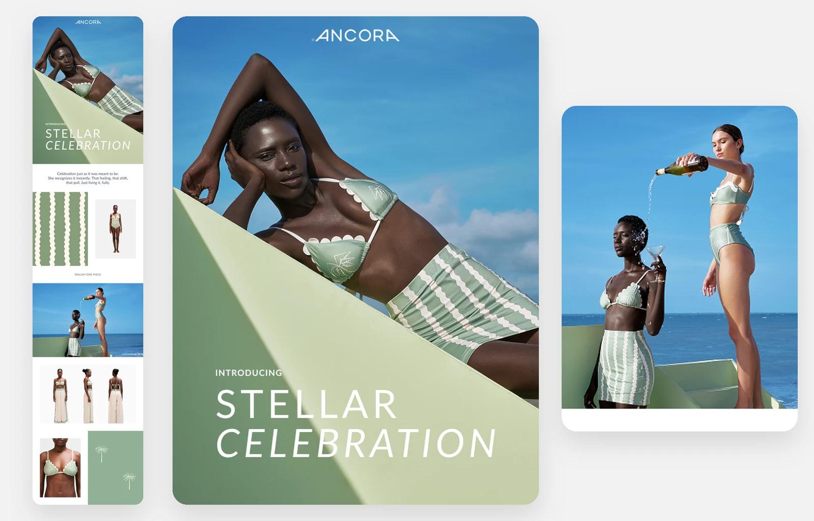Ancora’s launch email for the Stellar Celebration collection, whole, beside its opening photo