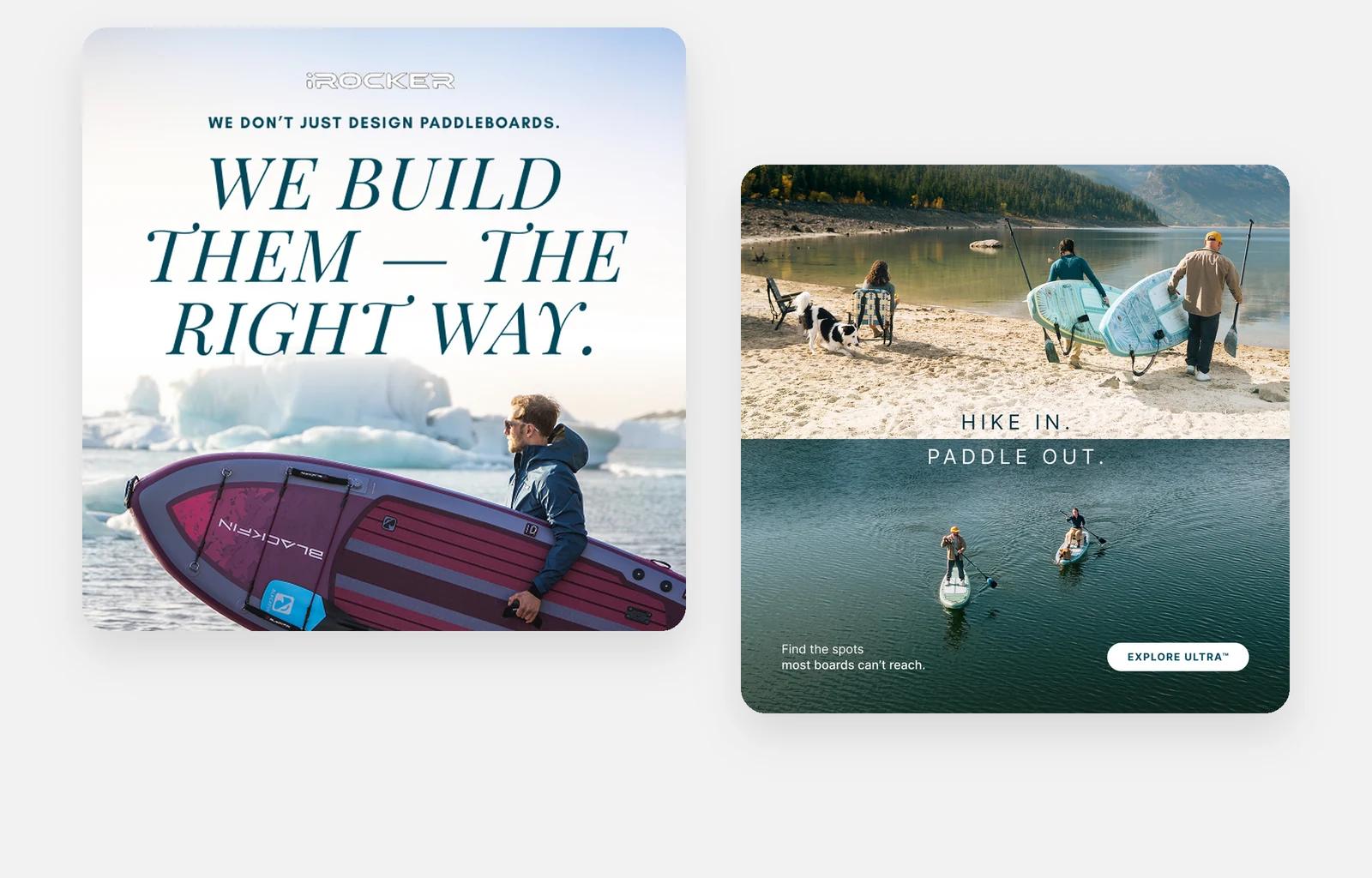 An iROCKER email about how the boards are built, and an ad that sells the day out: hike in, paddle out