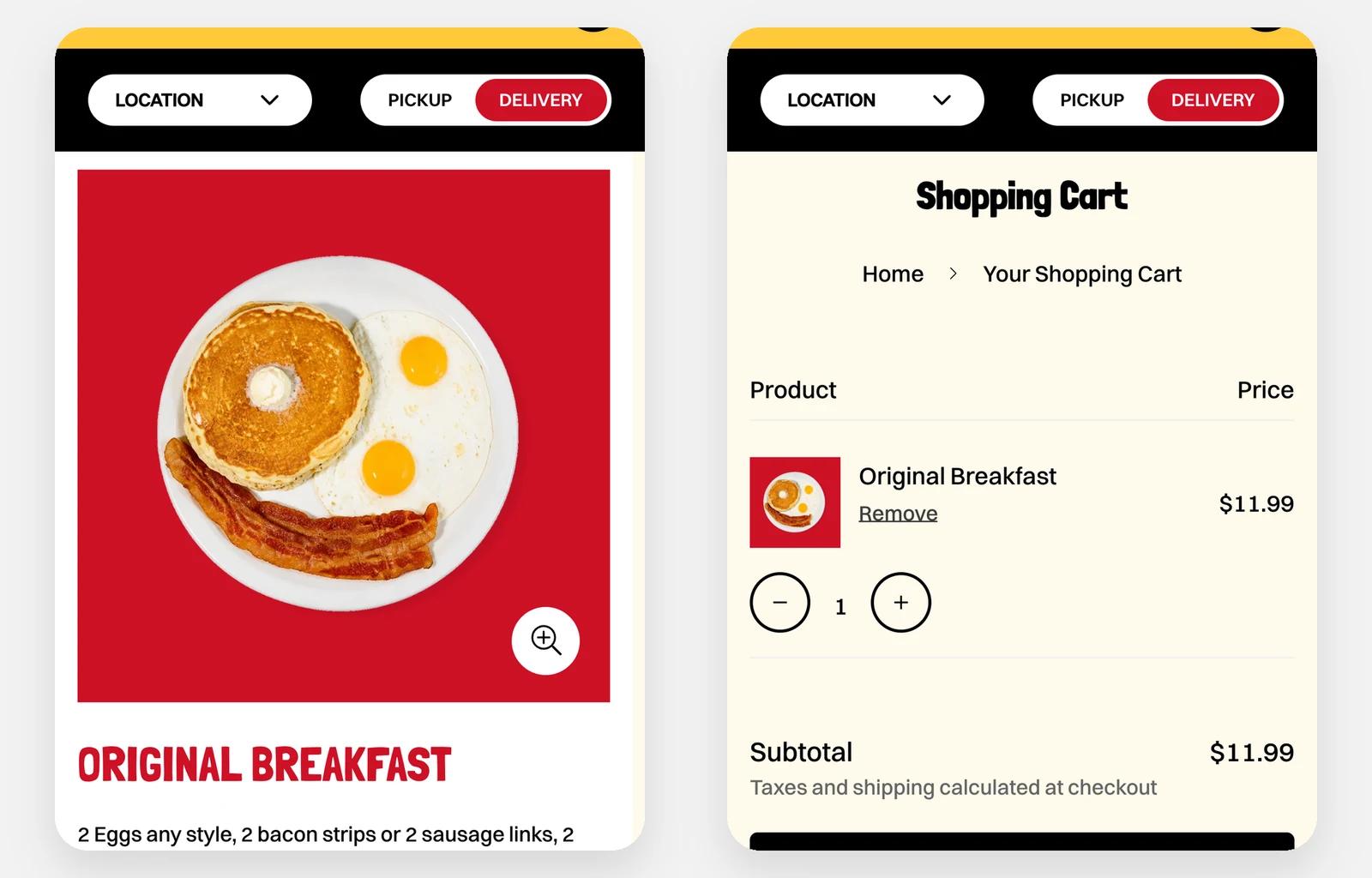 A Loaded Cafe dish page with its egg choices, and the cart with the order and Check out