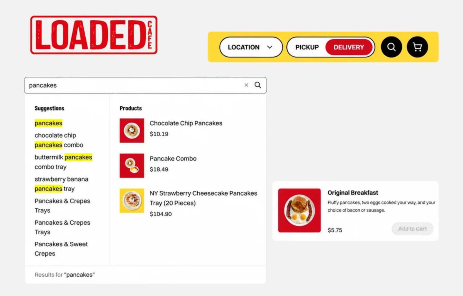 Loaded Cafe’s menu search suggesting pancake dishes, with prices, as you type