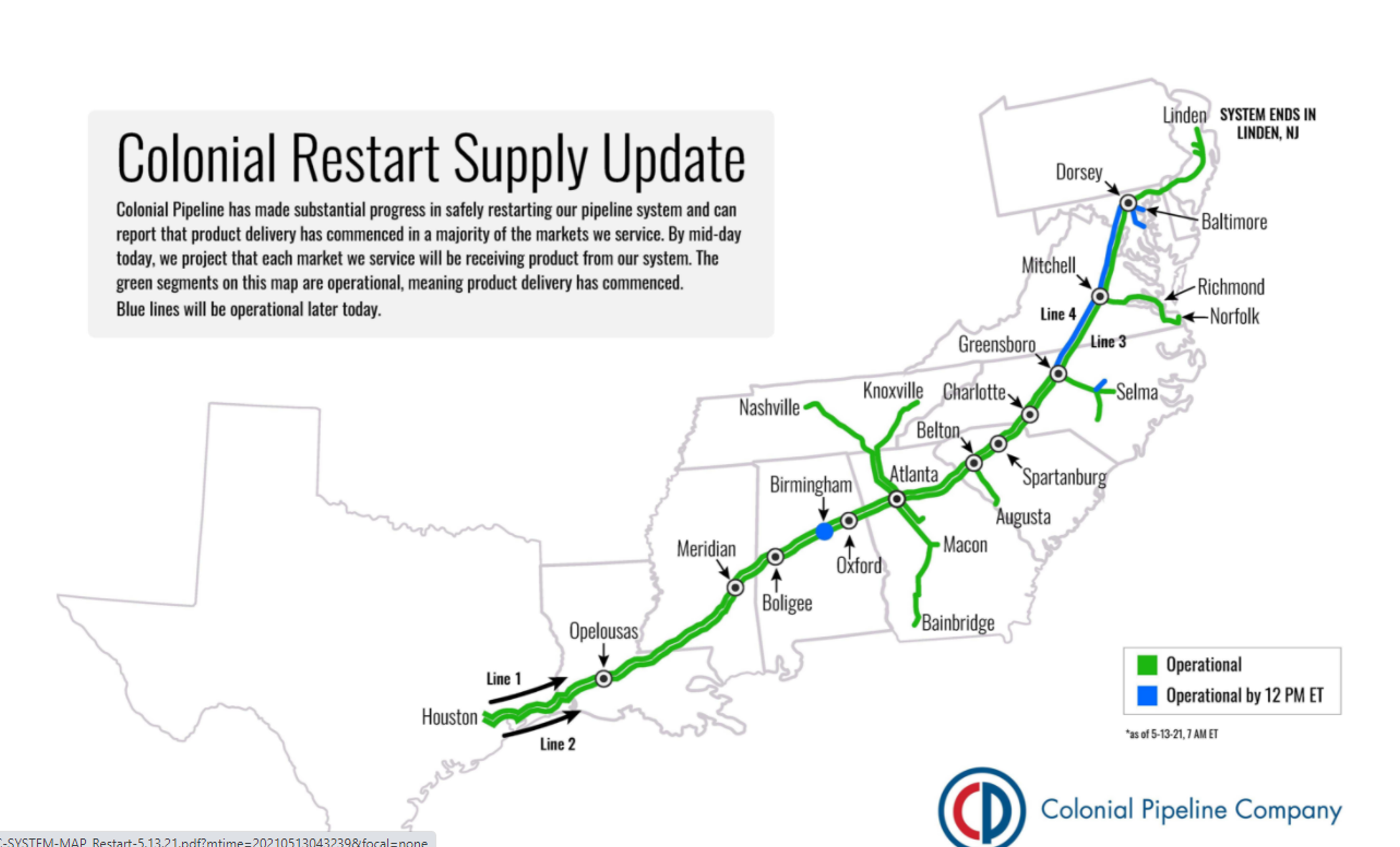 Colonial Pipeline System Restart and Operational Update