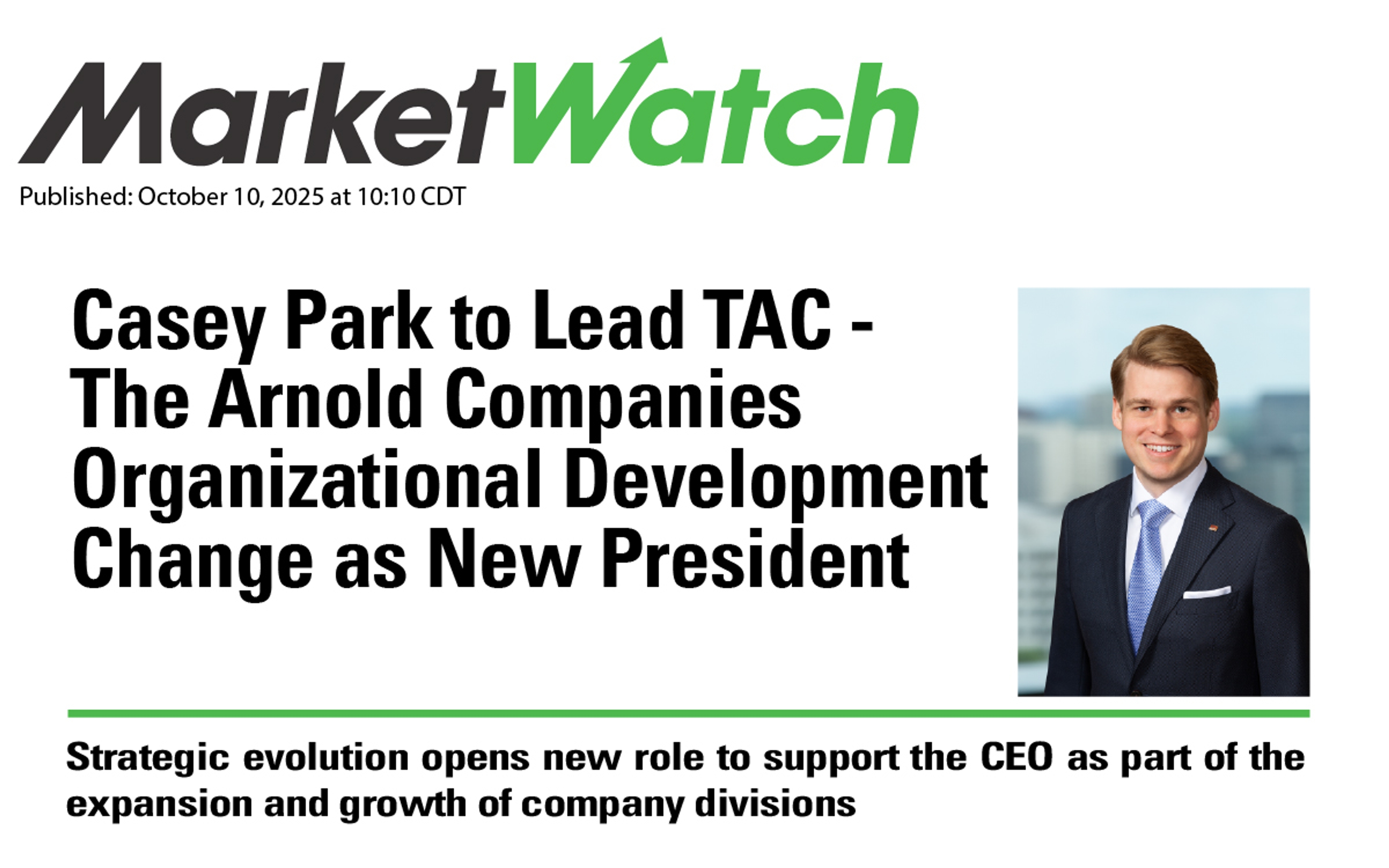 NEWS UPDATE: Casey Park to Lead TAC - The Arnold Companies Organizational Development Change as New President