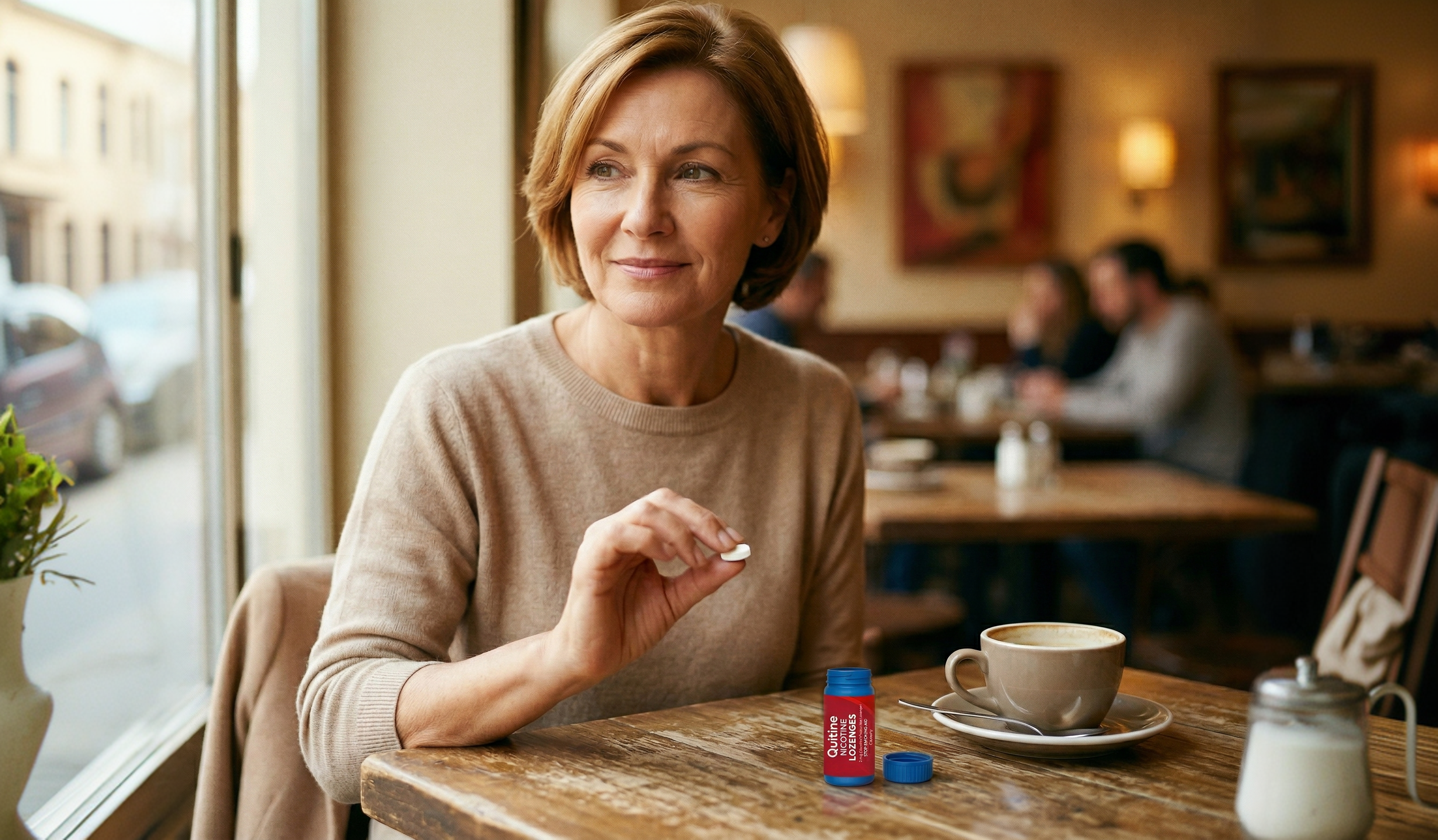 A woman eating a nicotine lozenge