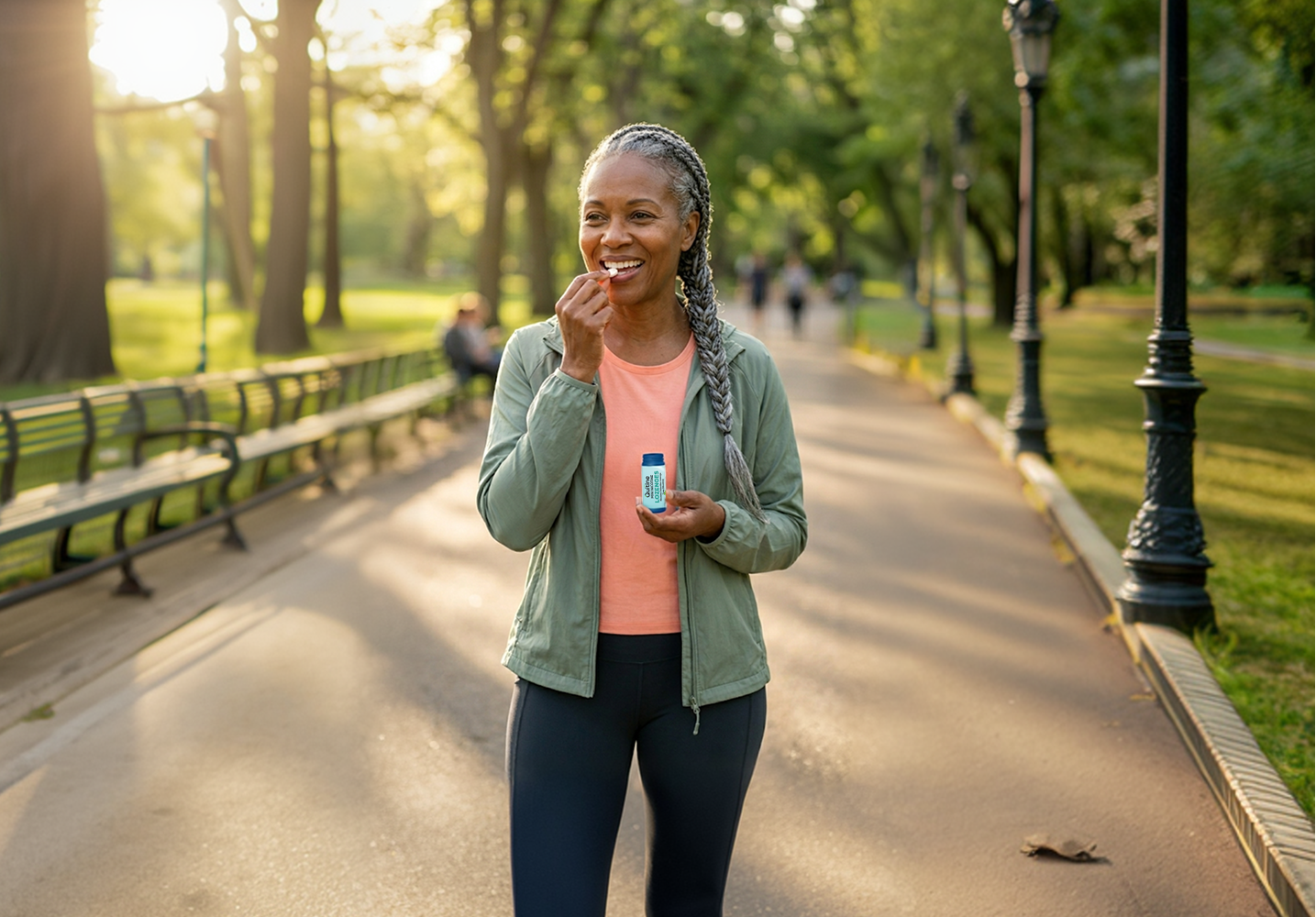 A woman eating a Quitine Lozenge