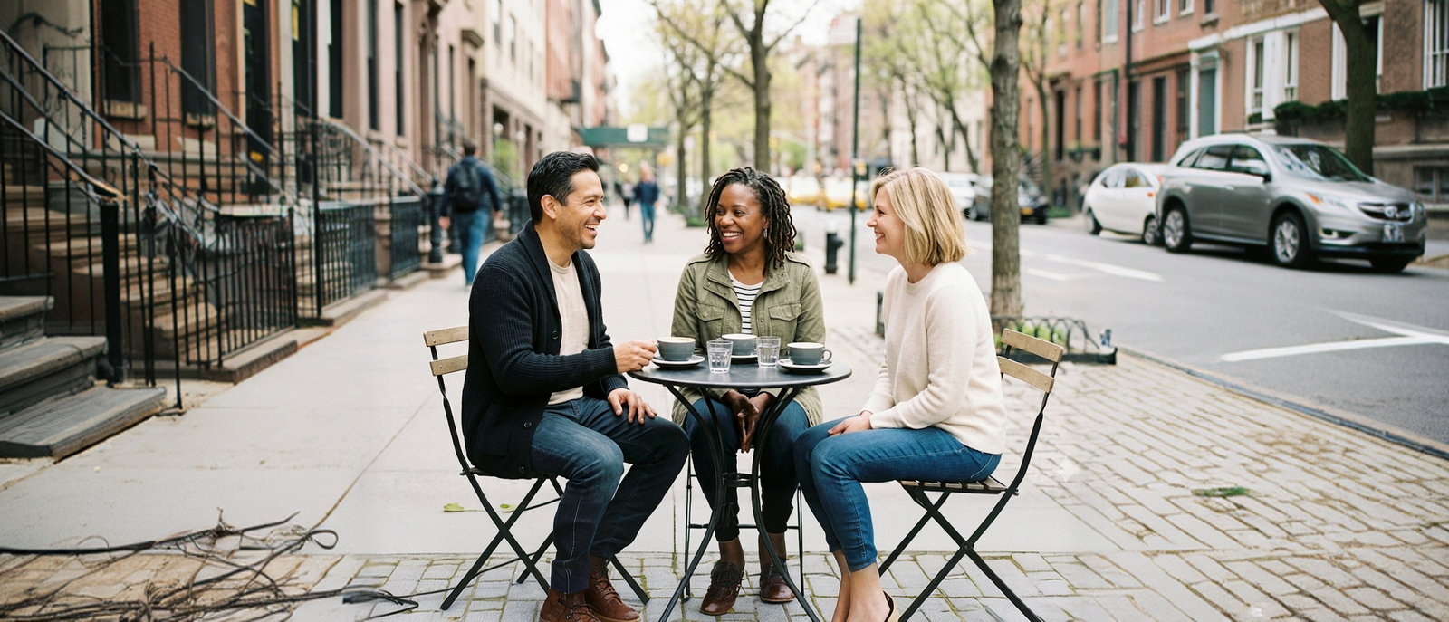Three people sitting at a cafe outside