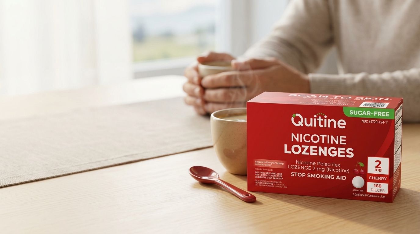 Quitine cherry nicotine lozenges on a table with morning coffee