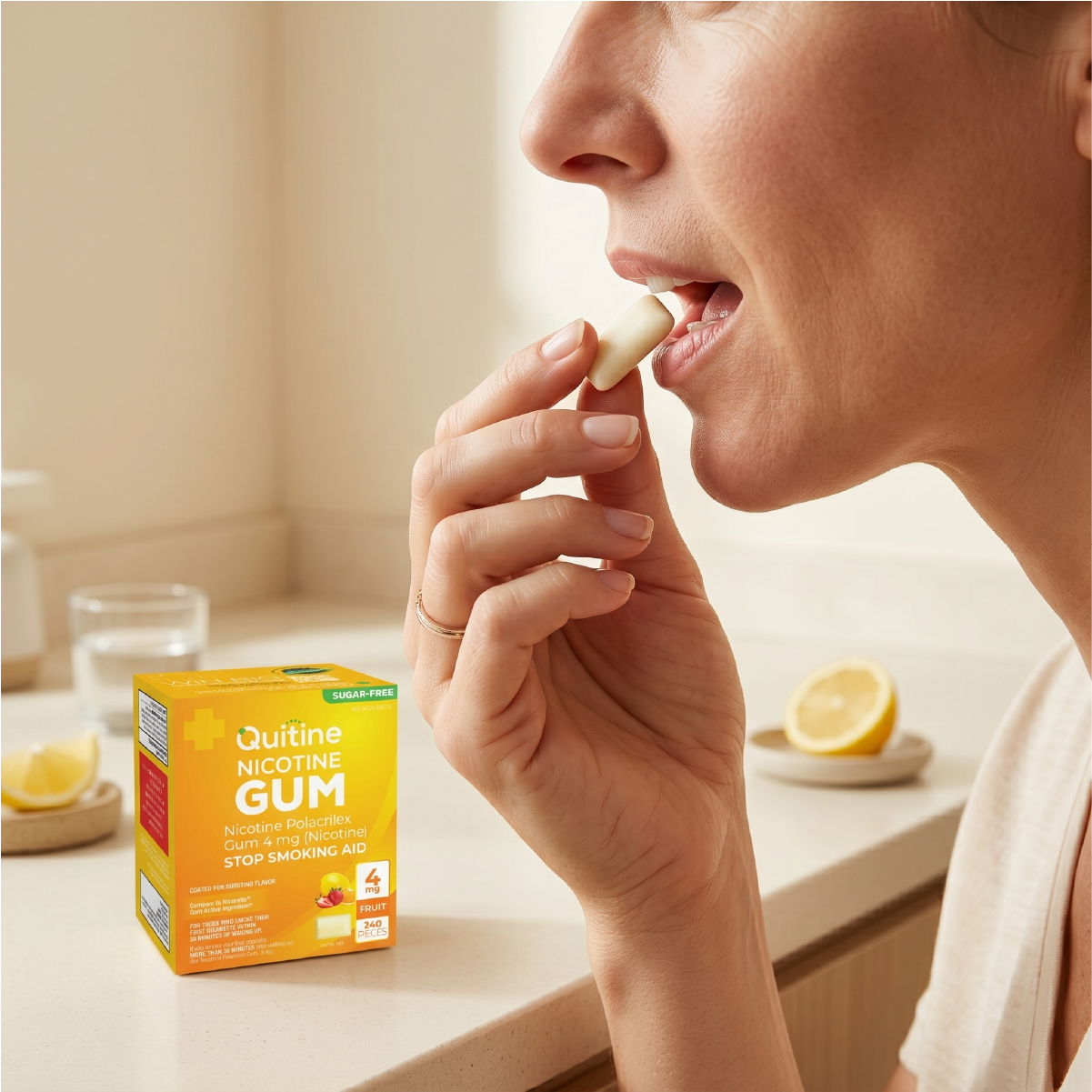 Person chewing Quitine nicotine gum