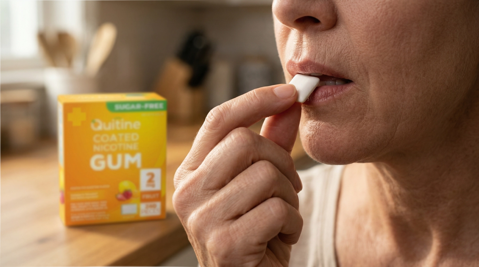 A women eating a nicotine gum
