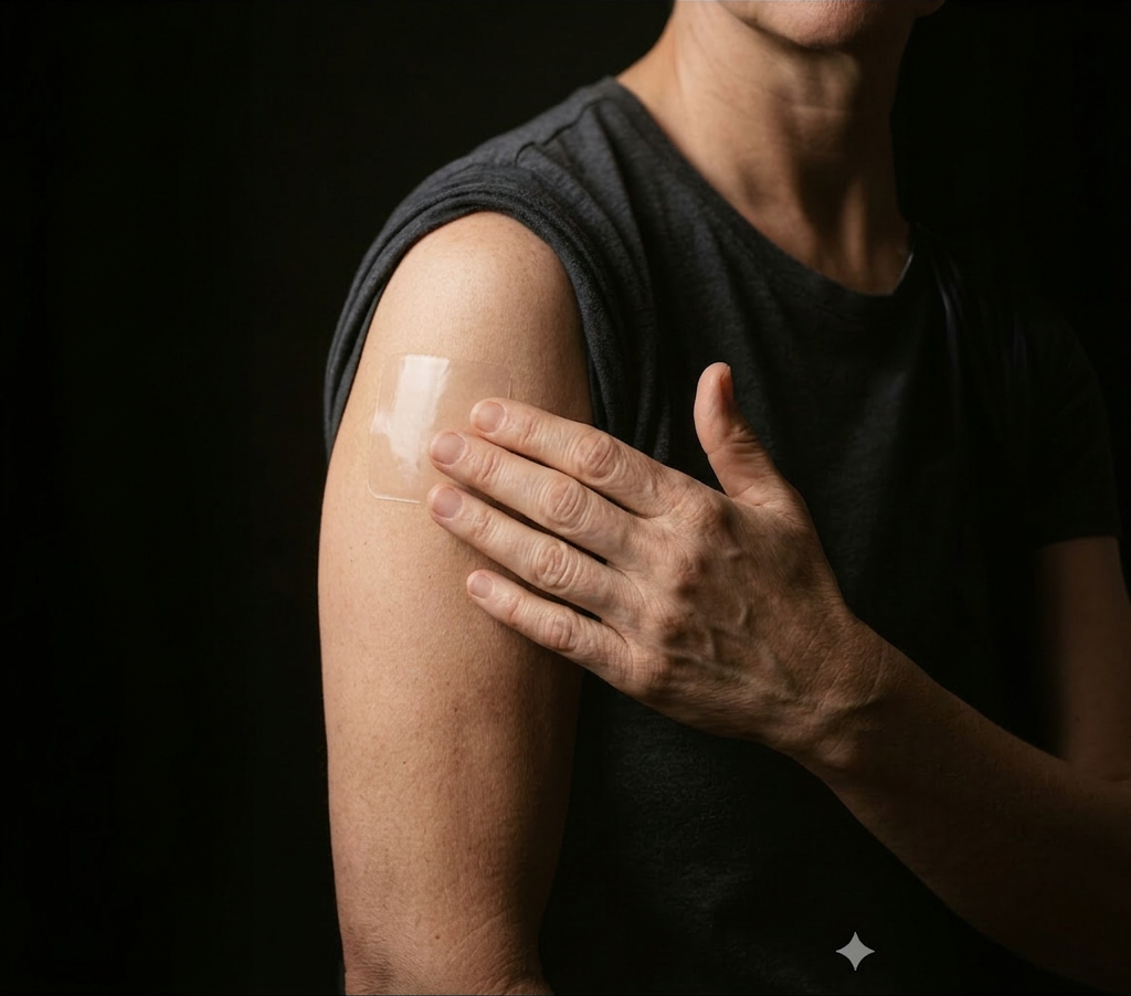 A man applying a nicotine patch