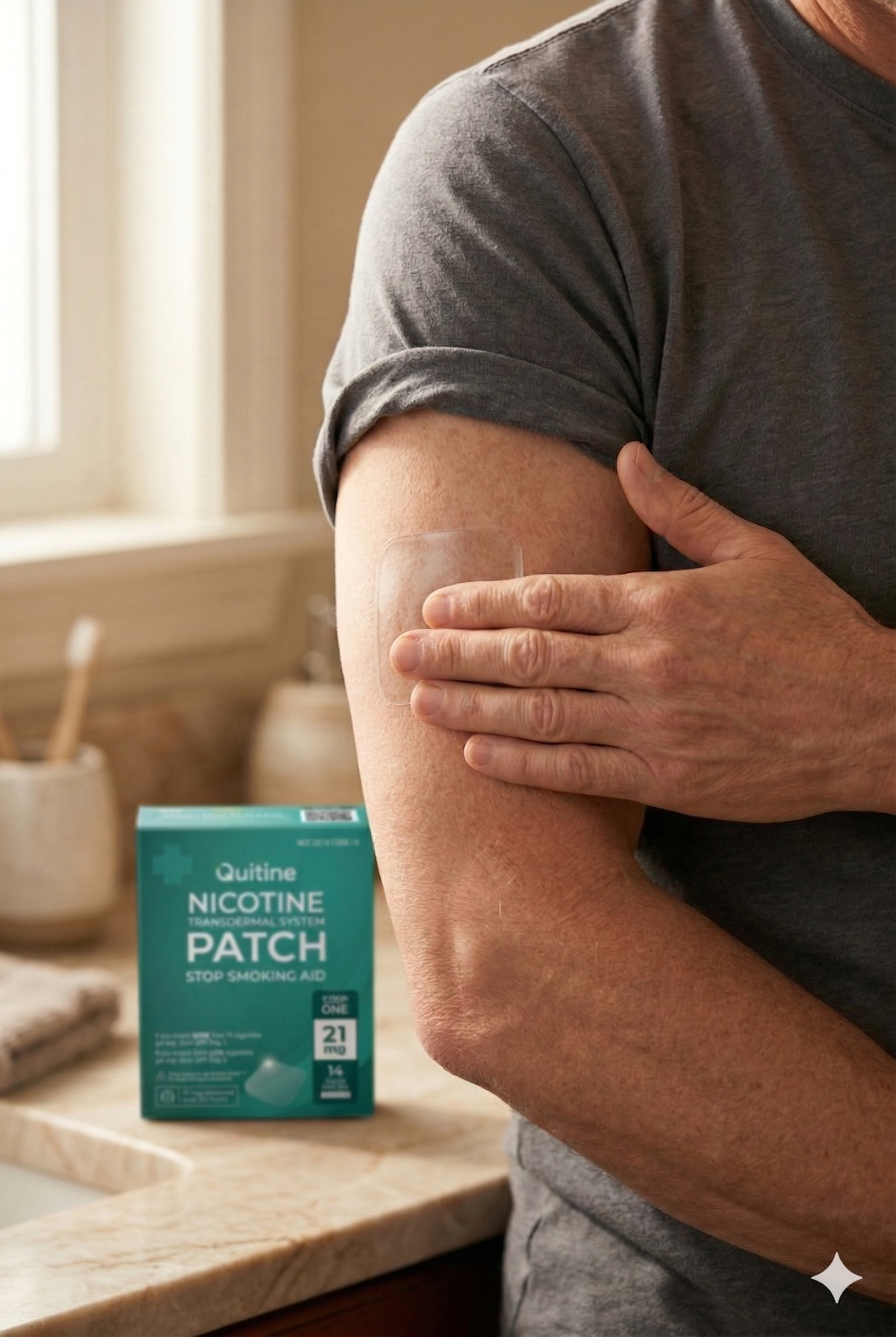 A man applying a Quitine Patch