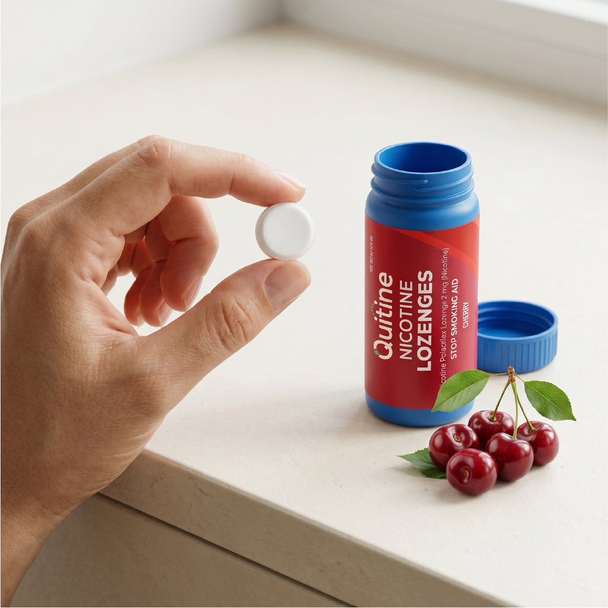 Quitine cherry nicotine lozenges with morning coffee