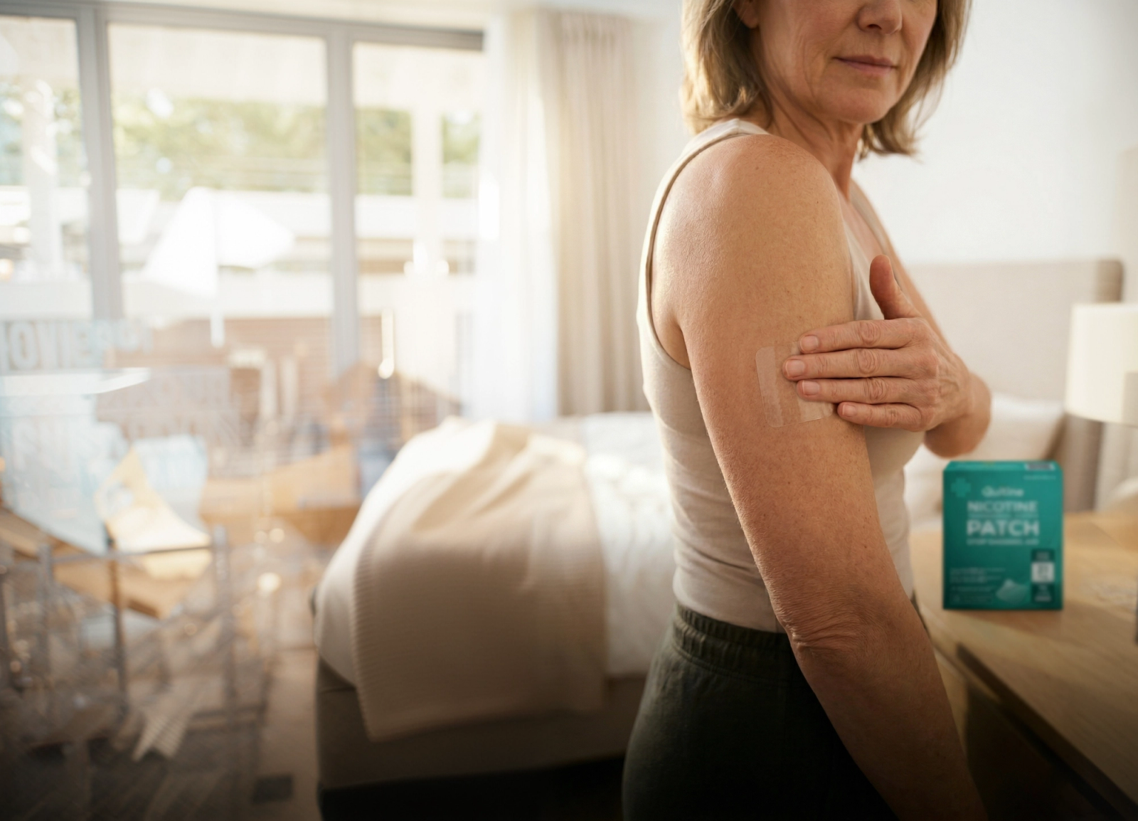 A woman applying a nicotine patch