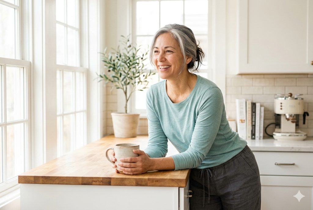 A woman on a kitchen bench