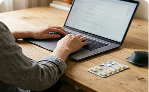A man working at a desk with quitine nicotine gum