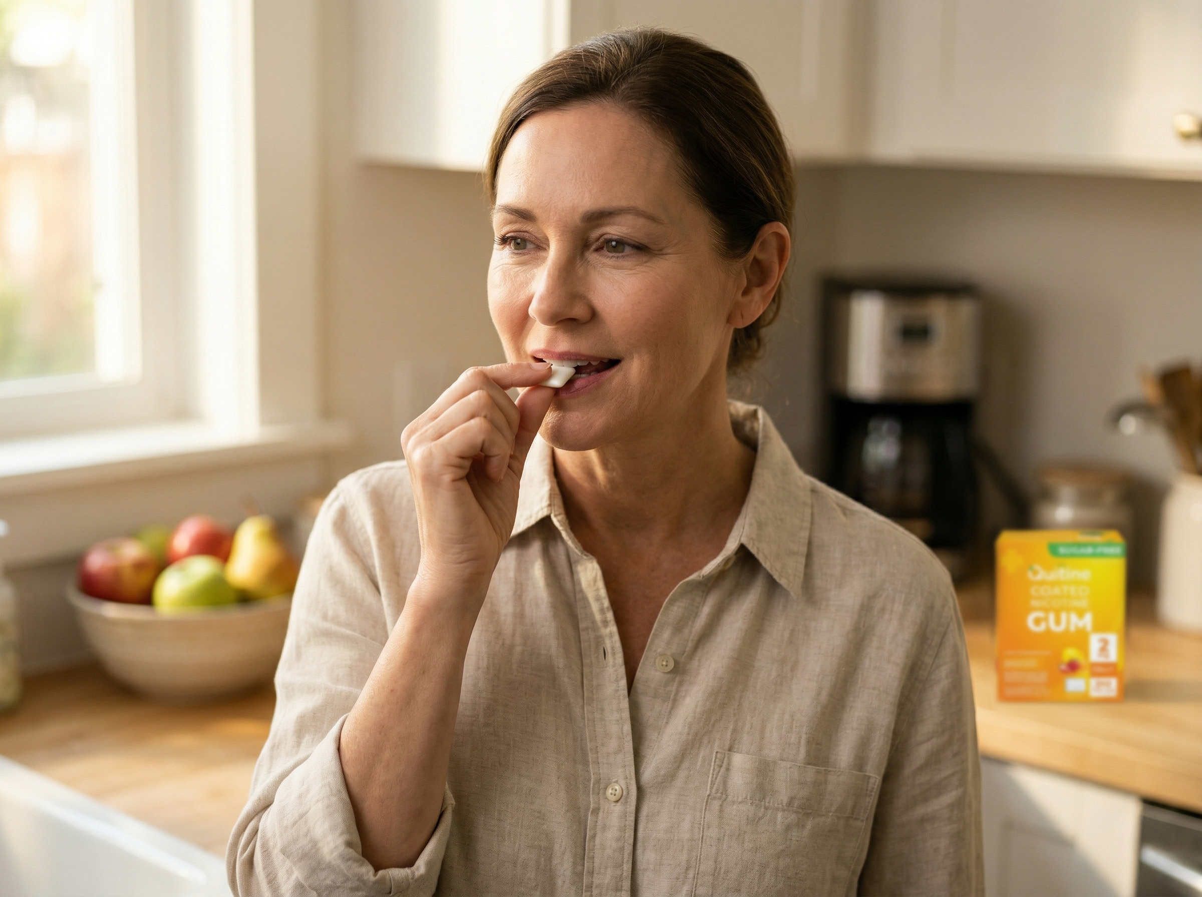 A woman eating a nicotine gum