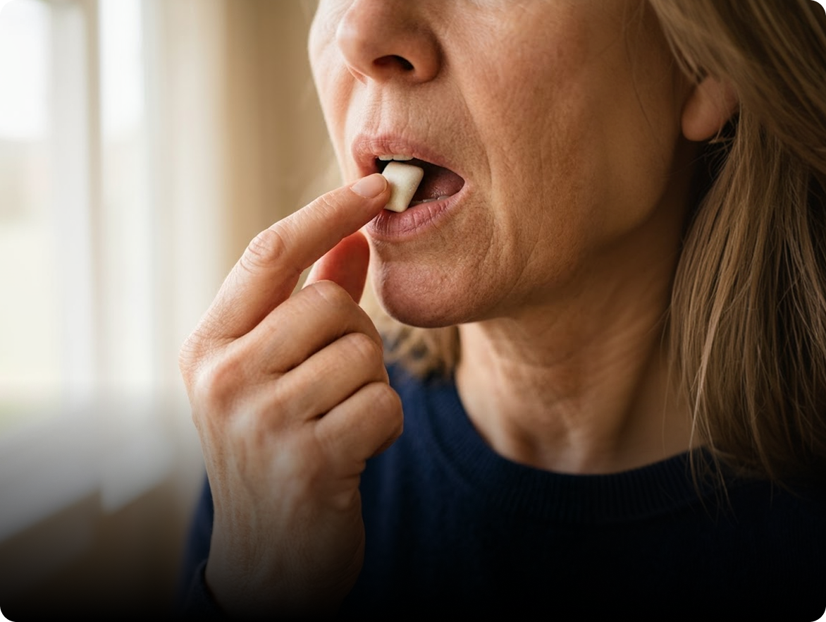 A woman eating a nicotine gum