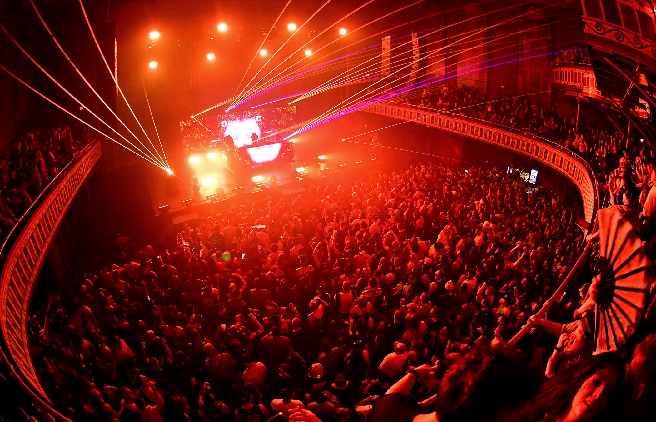 A stage light up red with lasers at Tabernacle Atlanta