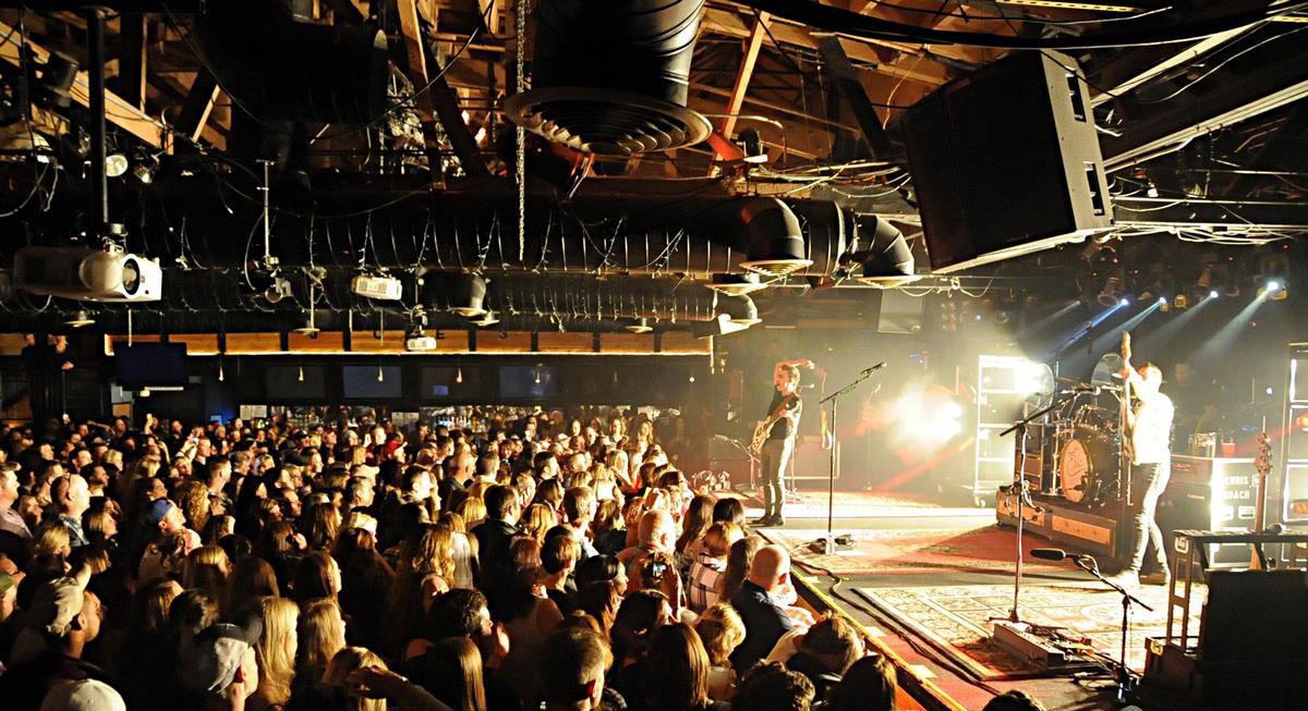 Picture of inside Joe's on Weed St. showing a band on stage and crowd