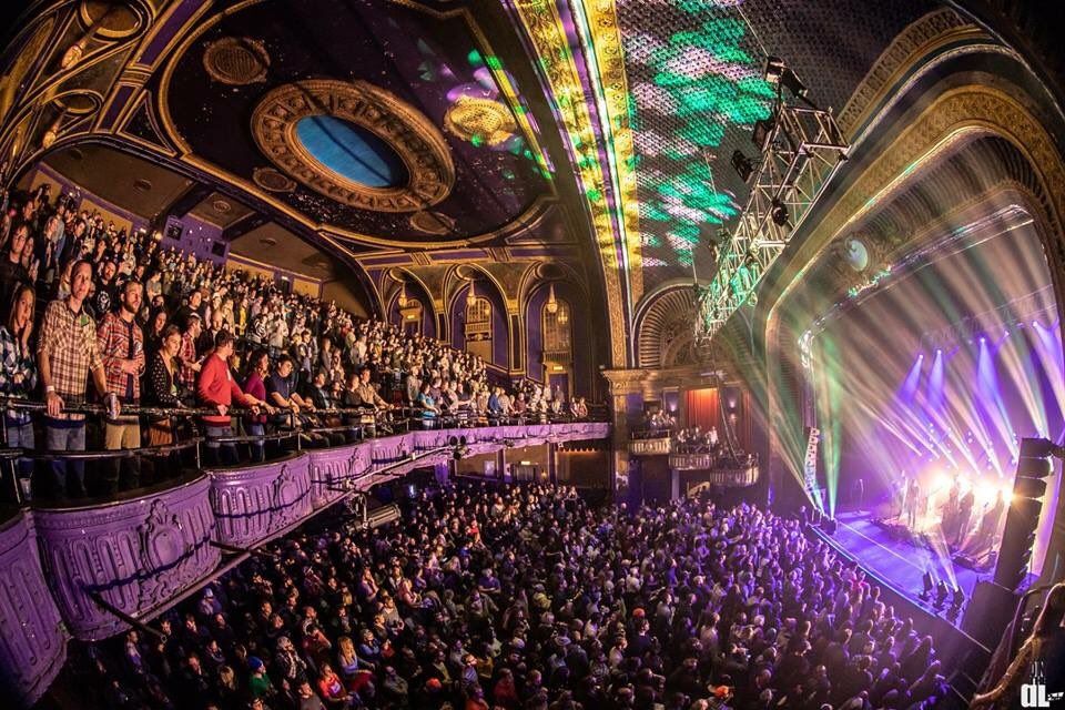 Riviera Theatre in Chicago with crowd and lights