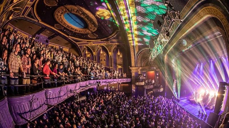Riviera Theatre in Chicago with crowd and lights