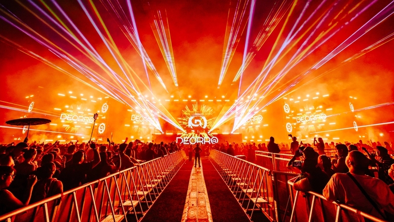 View of The Vega Stage at North Coast Festival with CO2 and fire popping off from the stage