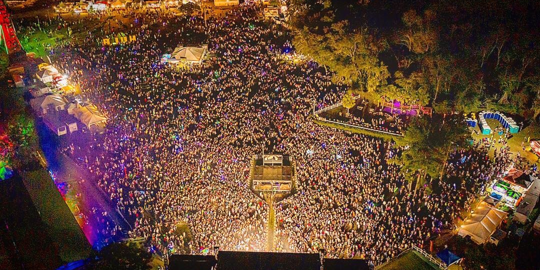 Drone shot of Suwannee Hulaween 2019 of all the stages and crowd.