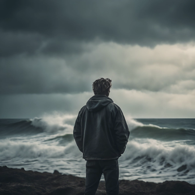 man looking out at the sea from the shore