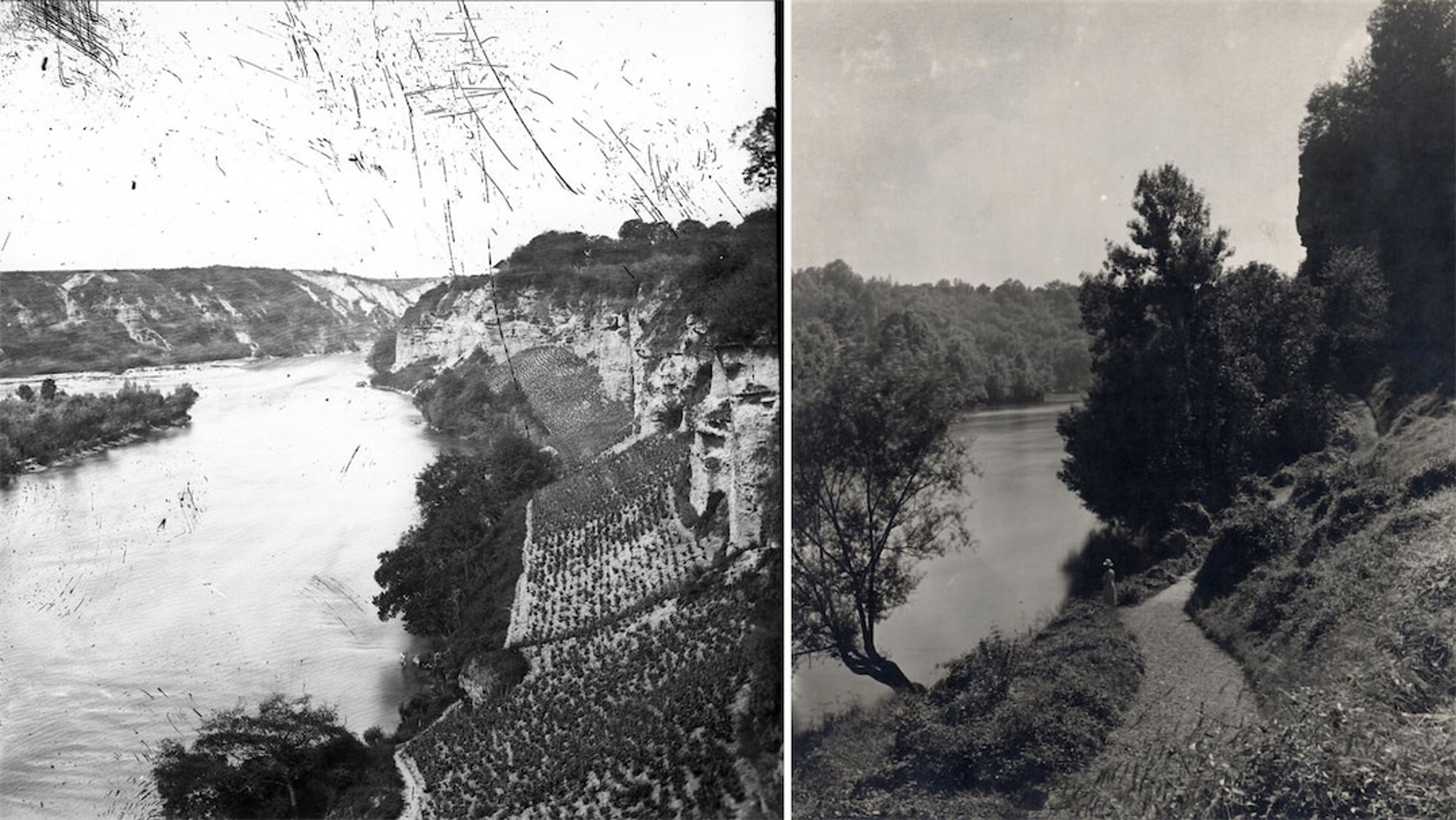 "Genève, Rhône : sentier des Falaises", photographie Atelier Boissonnas, Genève et "Jonction : anciens vignobles des Falaises de Saint-Jean", photographie auteur inconnu (entre 1860 et 1875), © CIG