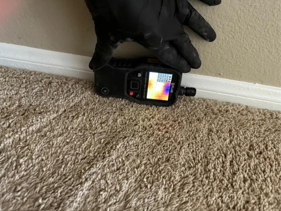 Thermal imaging showing water damage from a burst supply line traveling through a second-story ceiling on a Summerlin water damage restoration job
