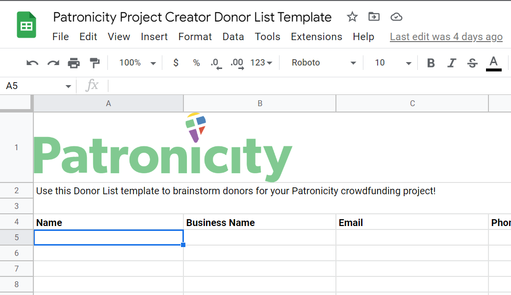 Patronicity Project Creator Donor List Template spreadsheet.