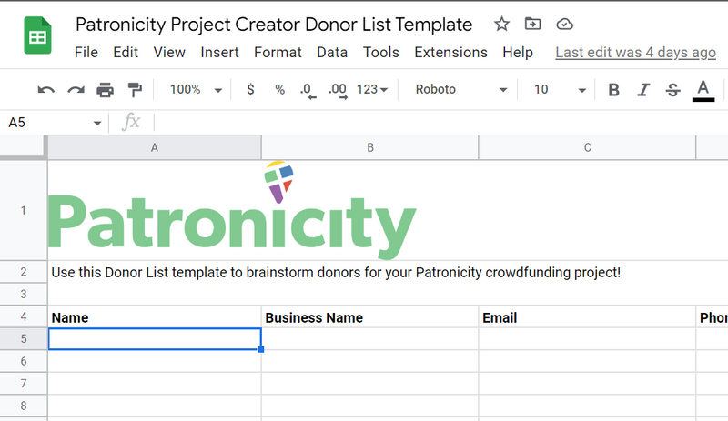 Patronicity Project Creator Donor List Template spreadsheet. 