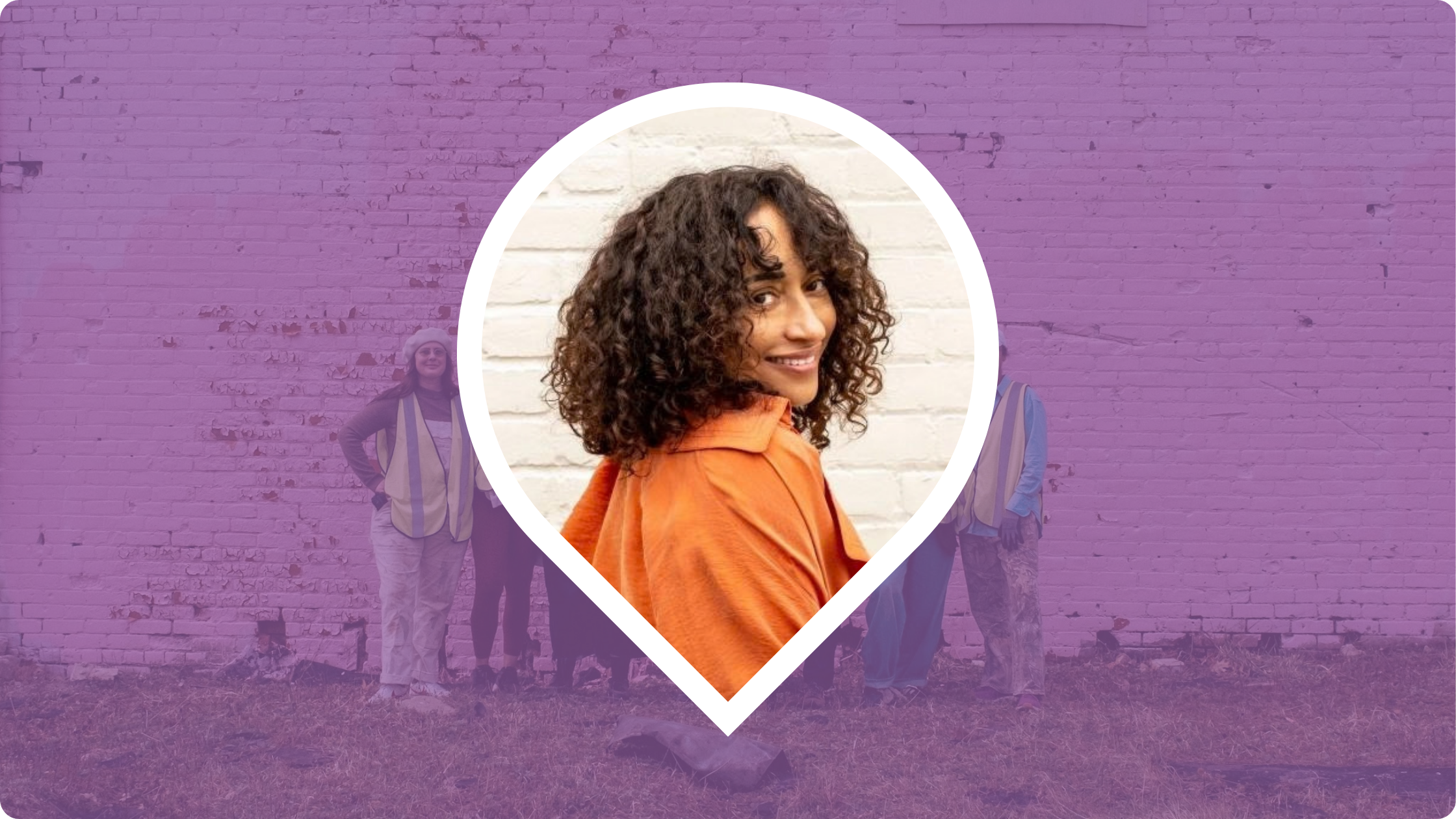 Headshot of Alice James looking over her shoulder within a pin icon, over a purple background.