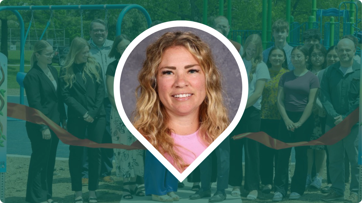 Headshot of Sarah Black within a pin icon over a dark green overlay on background image of the ribbon-cutting ceremony
