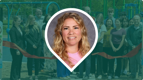 Headshot of Sarah Black within a pin icon over a dark green overlay on background image of the ribbon-cutting ceremony