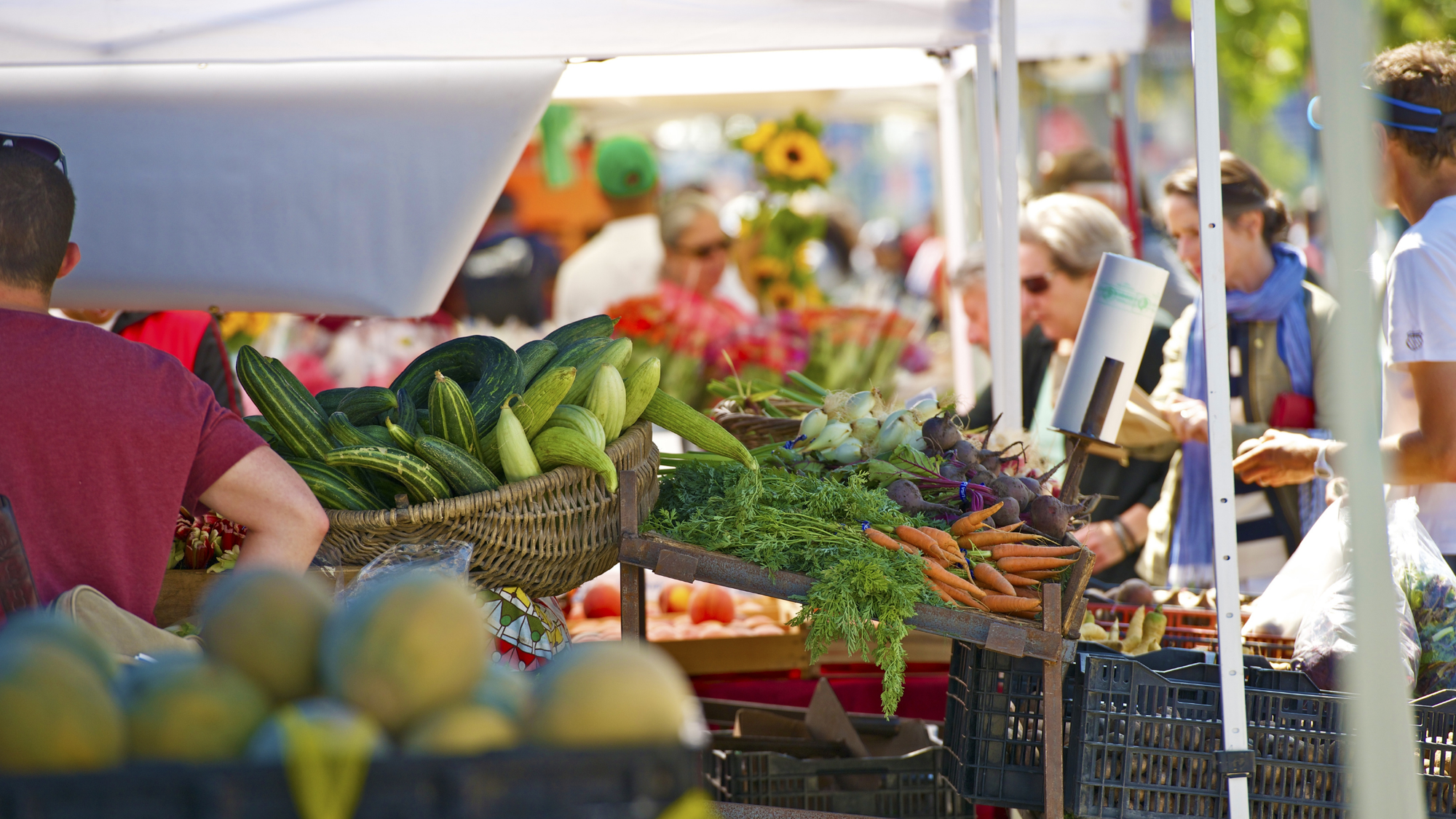 Farmers market stalls full of food