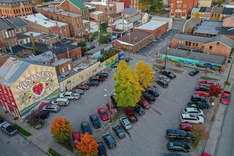 An overhead view of the mural site with the parking lot.