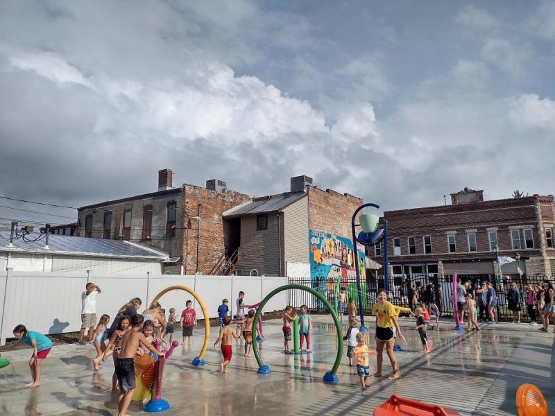  Kids play in the Arcadia Splash Pad in downtown Arcadia, Indiana