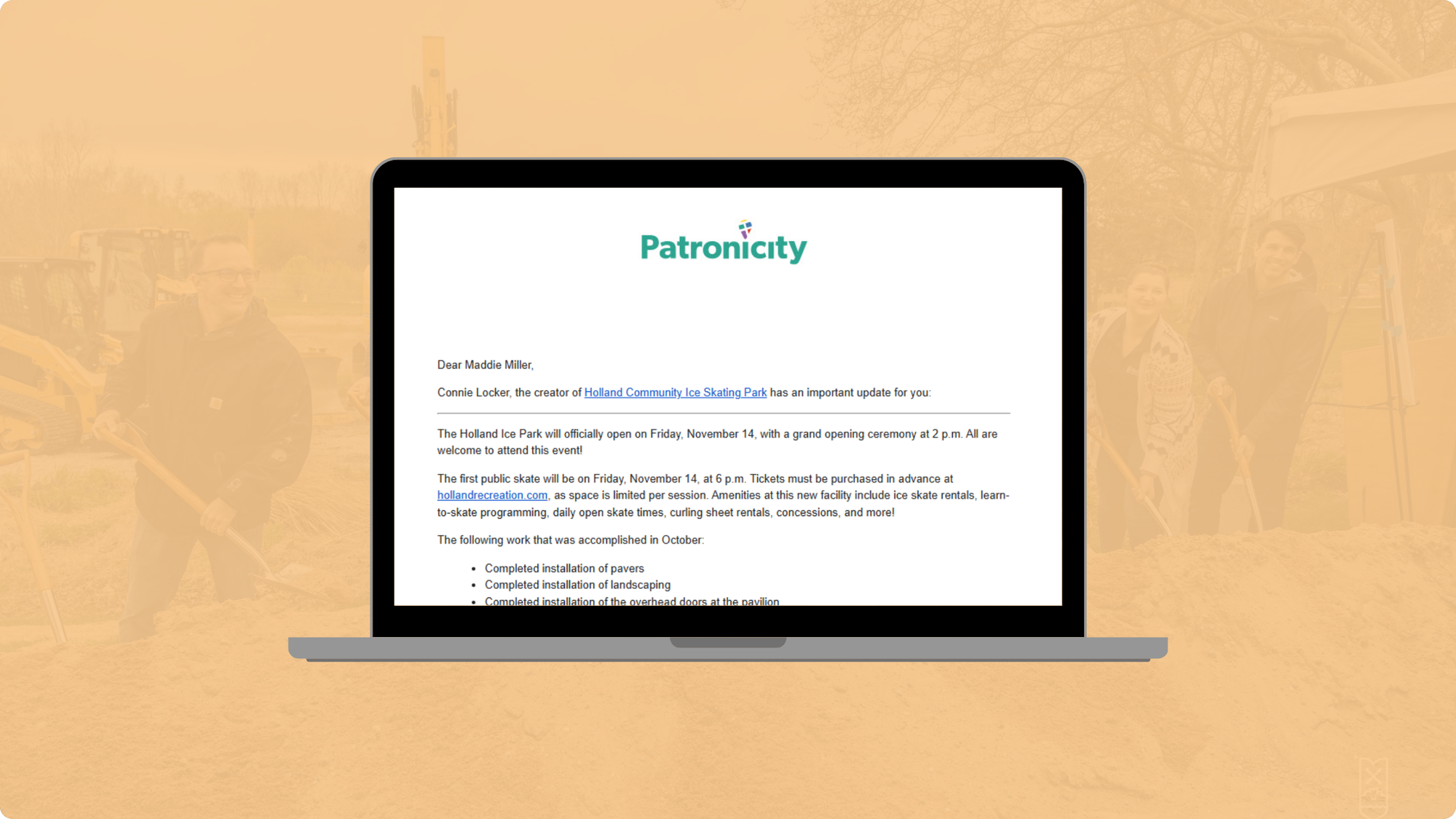 Patronicity's Update Patrons email with updated branding. 