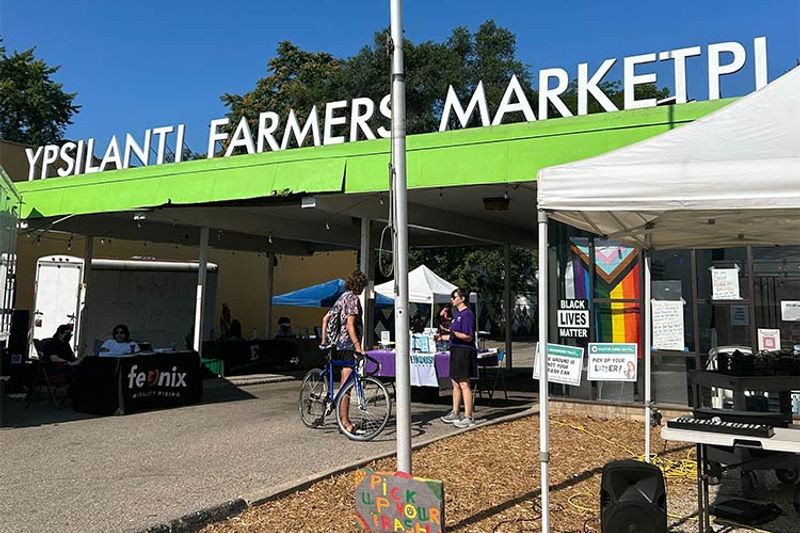 Ypsilanti Farmers Marketplace, a former bank drive through, now hosts a farmers market.