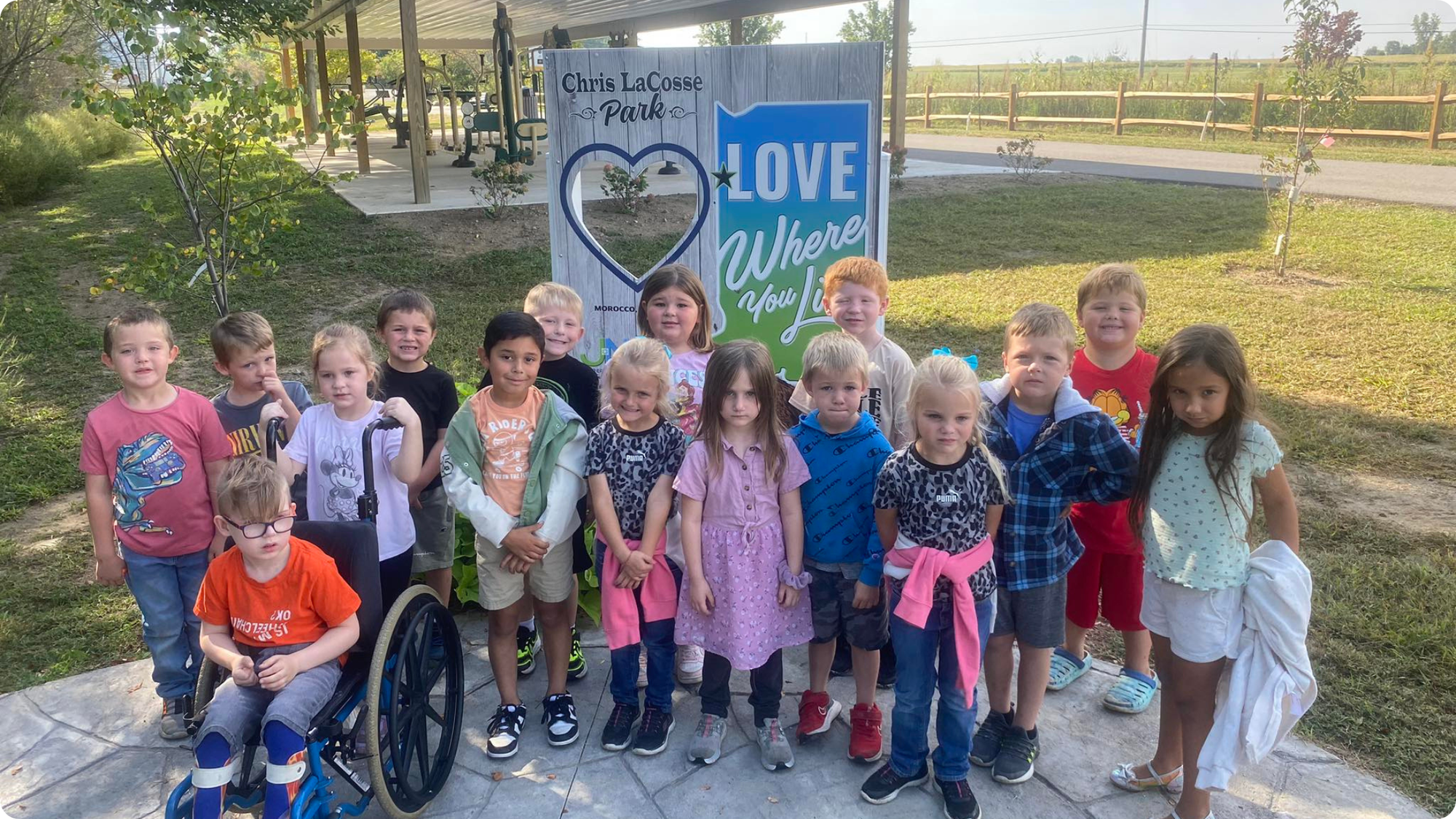 A group of elementary school children at Chris LaCosse Park in Morocco, Indiana. 