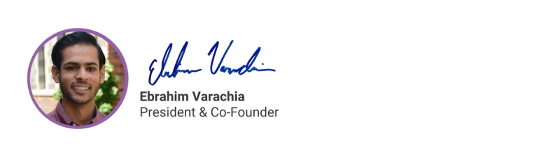 Ebrahim Varachia, pictured, and signature, signed President & Co-founder.