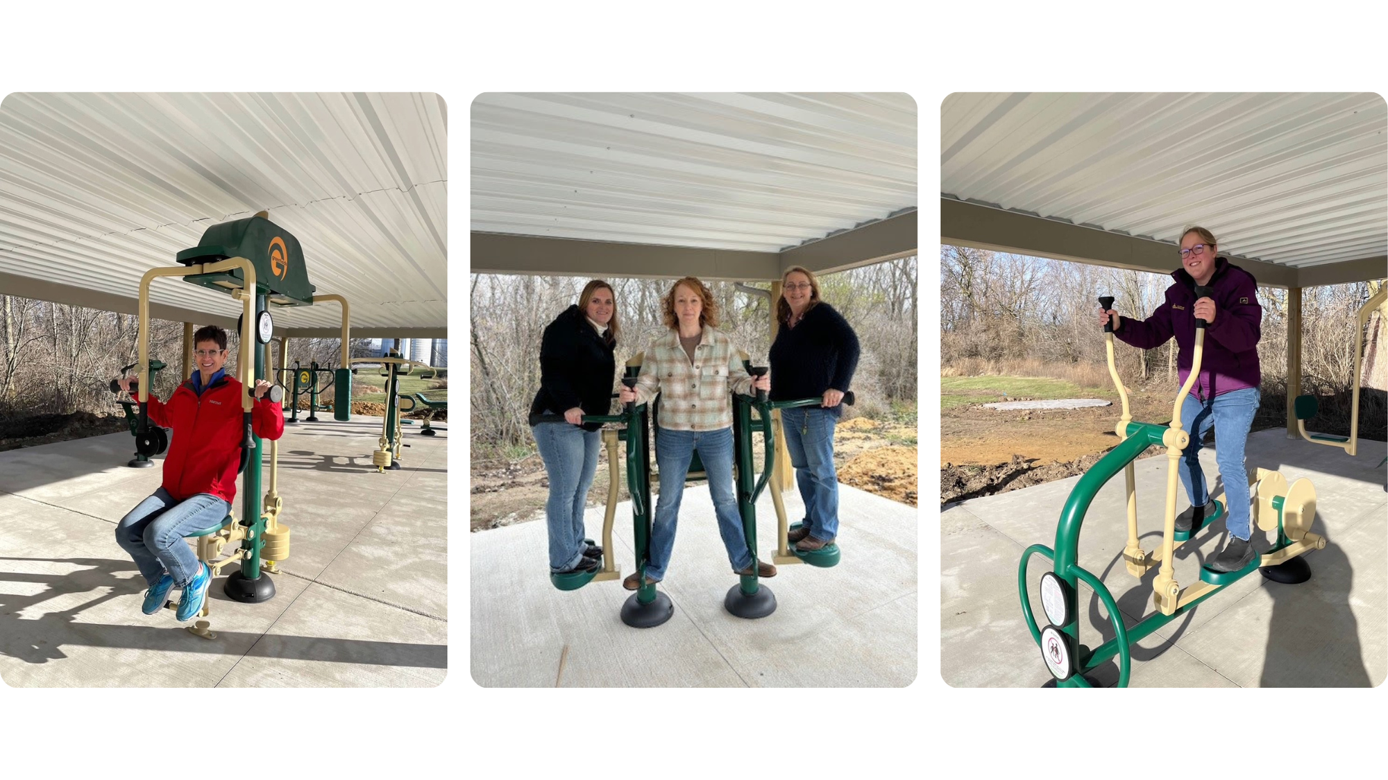 Community members using the new outdoor fitness center at Chris LaCosse Park in Morocco, Indiana.