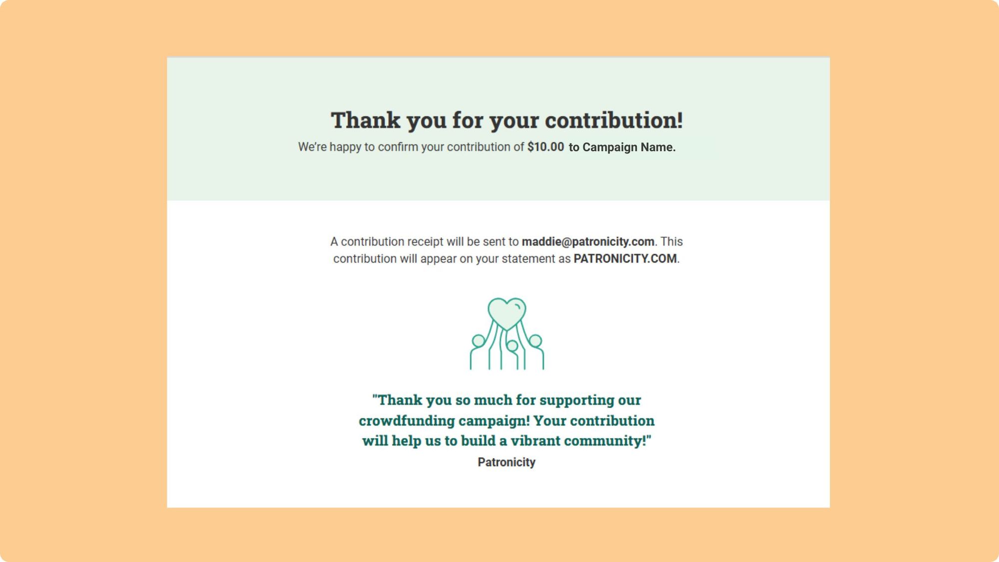 Patronicity’s thank you page with a personalized thank you message. 