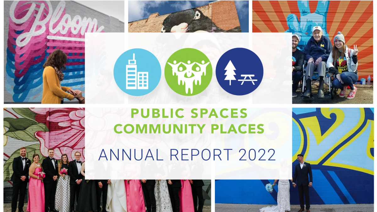 A collage of photos of happy people standing in front of mural projects.