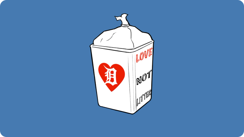  llustration of a trash can with “Love Not Litter” and heart Detroit design.